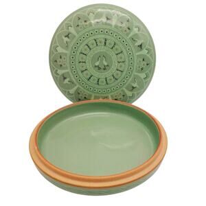 Korean Celadon Green Box Lid 7 1/2" Flying Cranes Flower Ceramic Crackle Glaze